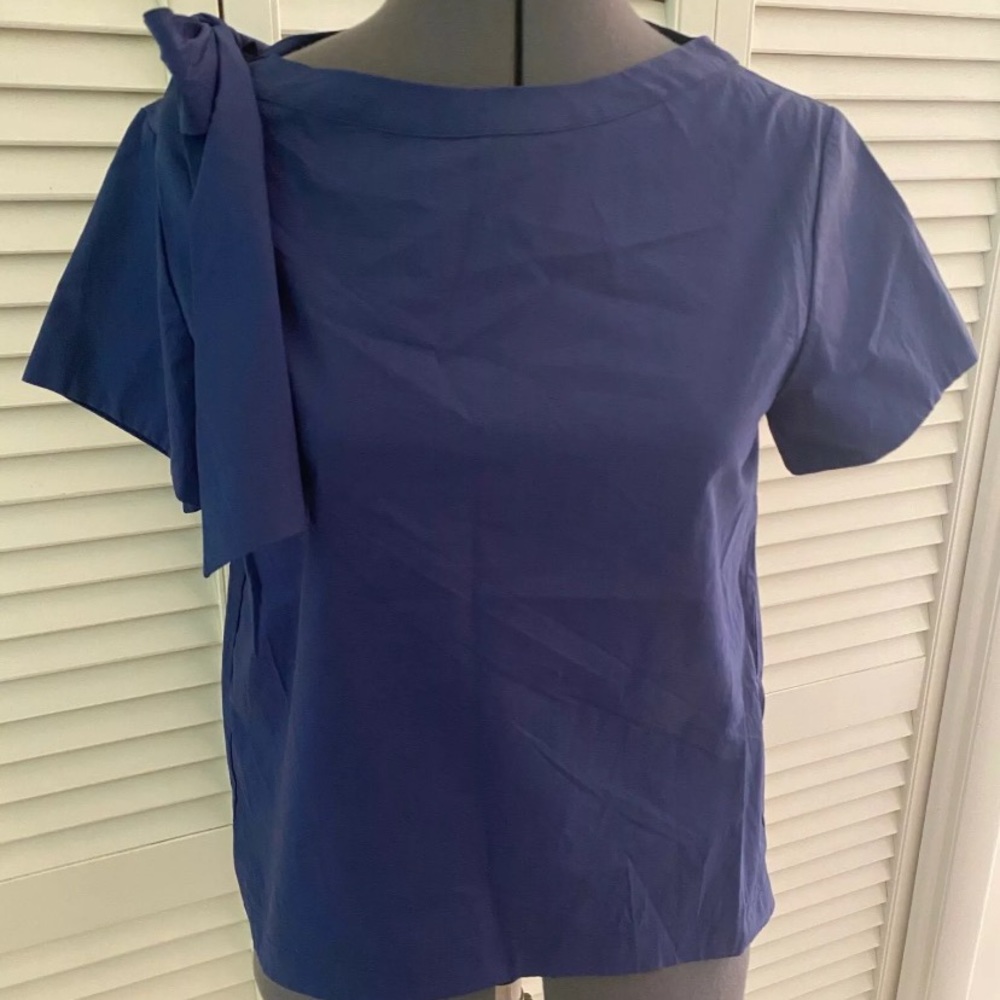 VINEYARD VINES LADIES NAVY BLUE BOAT NECK BLOUSE TOP 100% COTTON SHOULDER BOW XS